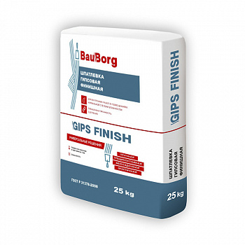 Шпатлевка гипсовая финишная Gips Finish, белая, толщина слоя 0,2-5мм, 25кг /BauBorg /БауБорг (48)