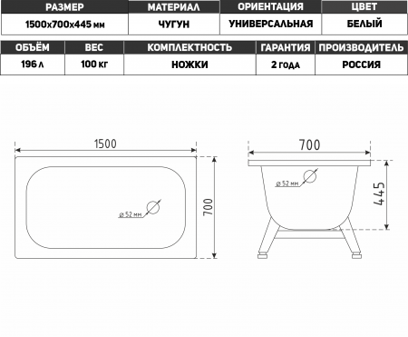 00000025314-ЕВ487-Схема-Ванна чугун. 1500х700х445 Ностальжи Универсал (ГОСТ), с ножками Новокузнецк